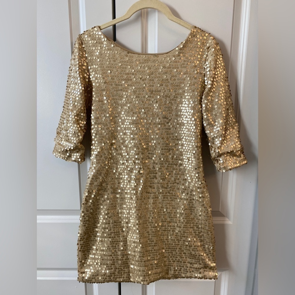 GOLD sequin party dress 3/4 length sleeves size M